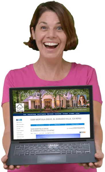 Christina, AgentWebsite Co-founder, showing AgentWebsite IDX on a laptop with a big smile 